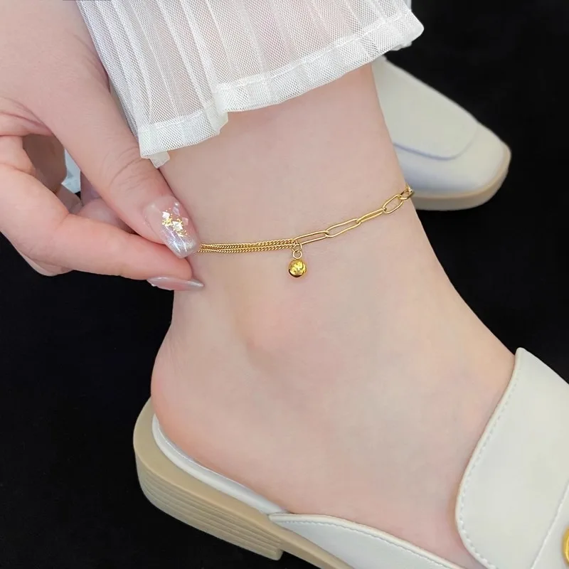 

Золотая цепочка на ногу с бусинами, не тускнеющая, женская, 2025, новая, трендовая, легкая роскошь, высококачественный нишевый дизайн