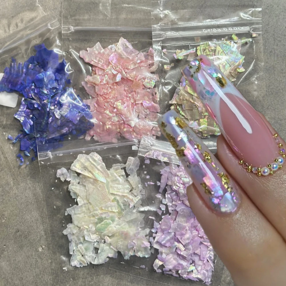 1Bag Irregular Nail Art Abalone Seashell Flakes Aurora Natural Pearl Abalone Sea Shell Sequins Holographic Mirror Nail Glitter