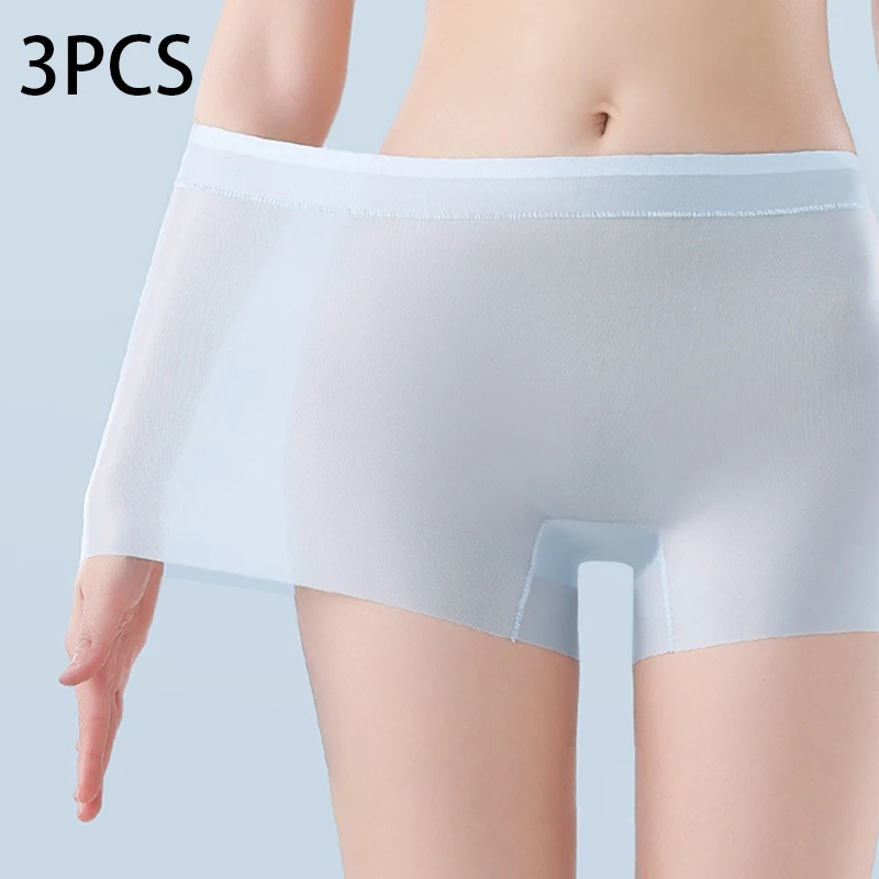 3pcs Summer Ice Silk Ultra-thin Quick-drying Boxer Brief Women Seamless High waist Panties Plus Size Female Safety Underwear