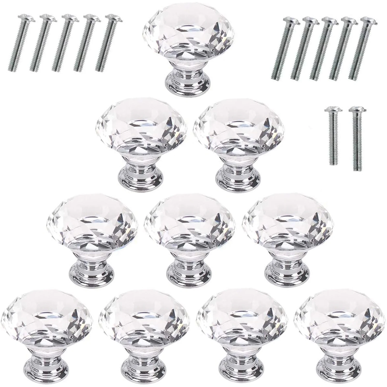 10 Pcs Crystal Glass Cabinet Knobs 30mm Diamond Shape Drawer Kitchen Cabinets Dresser Cupboard Wardrobe Pulls Handles (Clear)