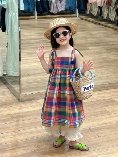 

The 2025 Summer New Childrens Dress Girls Korean-style Baby Girl Checkered Halter Dress Hair Tie Casual Simple and Daily