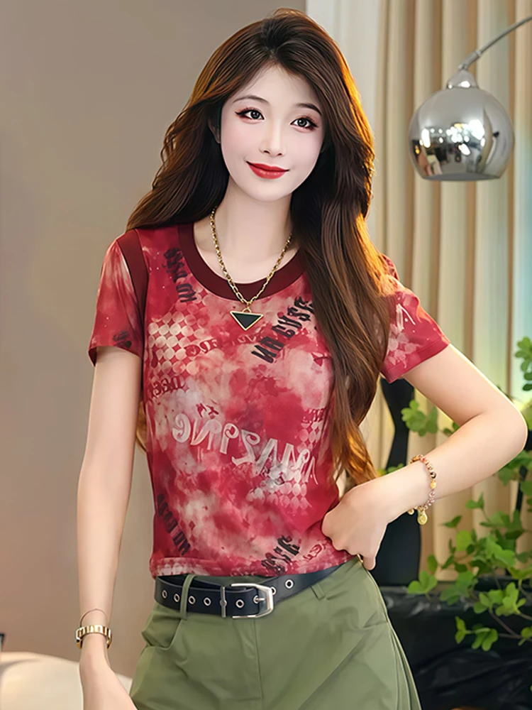 Ele round Ne ort Sve T-irt レディース Sle 2026 夏新作 ular スリミング プリント トップス 韓国 Sle 通勤