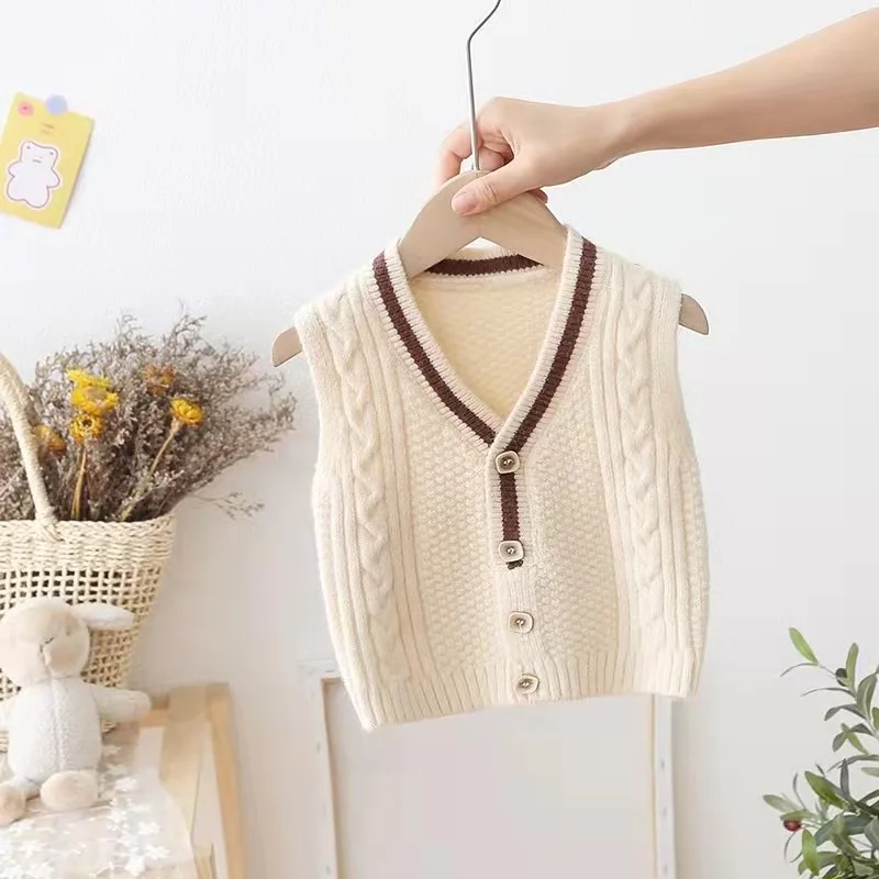 Spring Autumn Girls Boy Knit Cardigan Vest Fashion Children Vest Jacket Kids Baby V-neck Sleeveless Sweater Solid Waistcoats