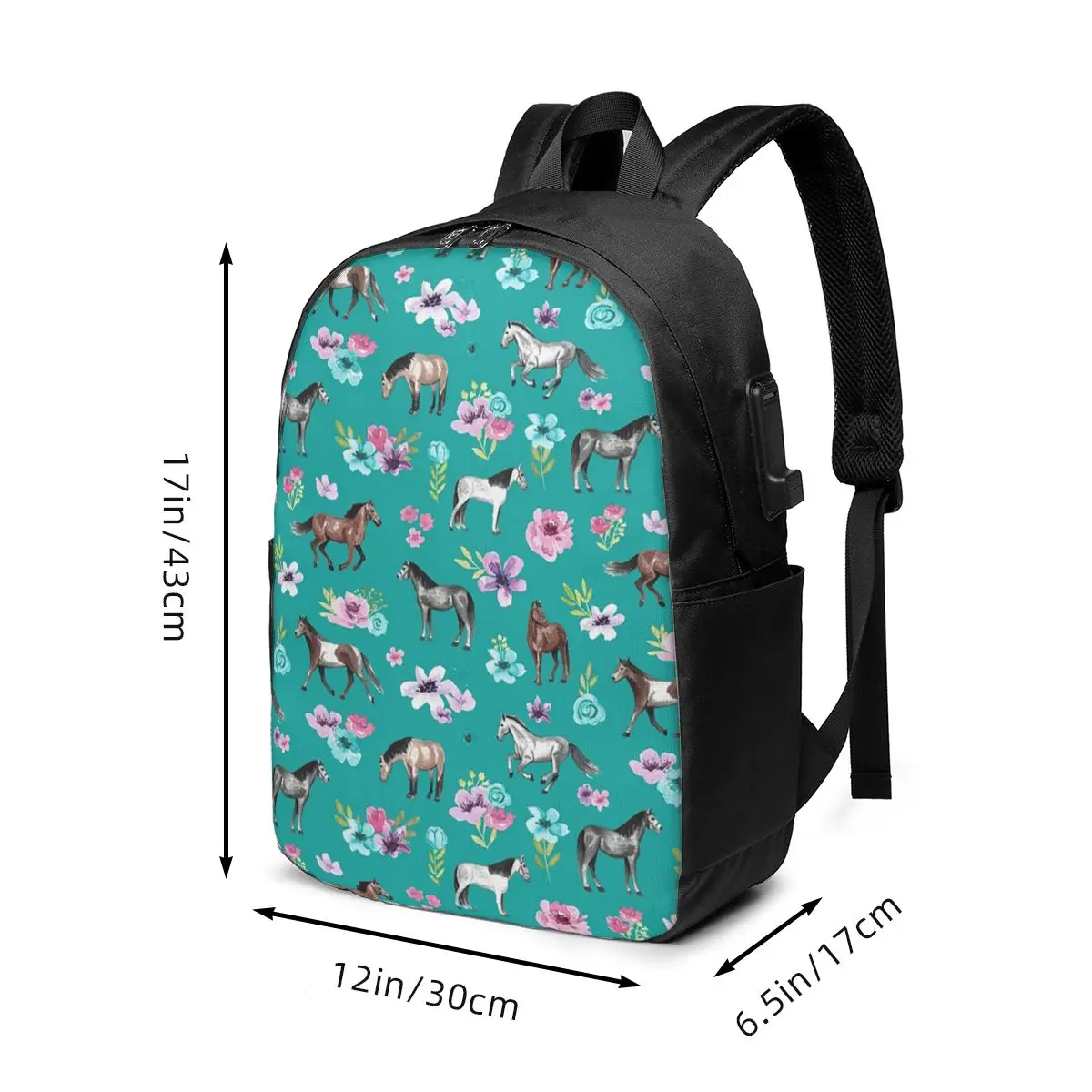 Horses And Flowers In Green Background Backpack Travel Notebook Bag Computer College Student School Bag Laptop Shoulder Bags