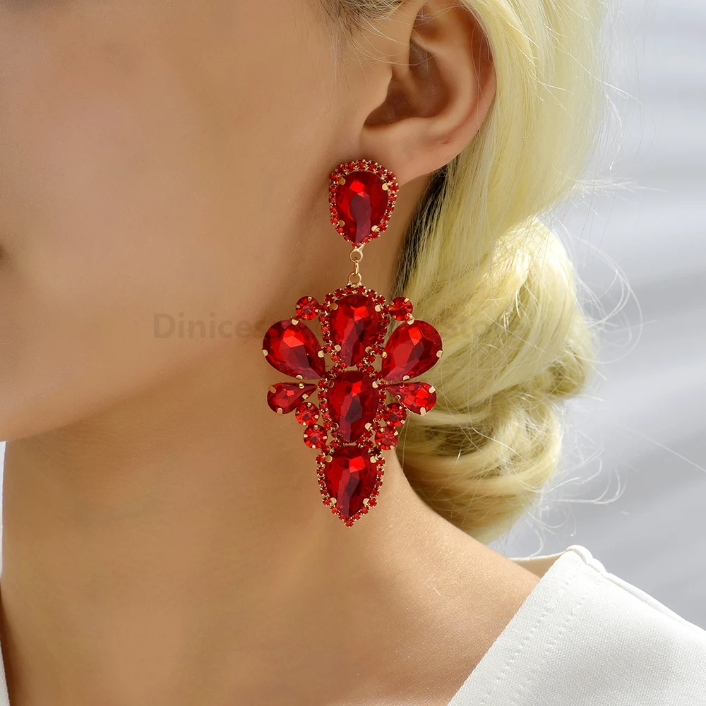 Bohemian Fashion Big Dangle Earrings for Women Exaggerated Chandelier Luxury Colorful Sparkly Crystal Prom Party Jewelry