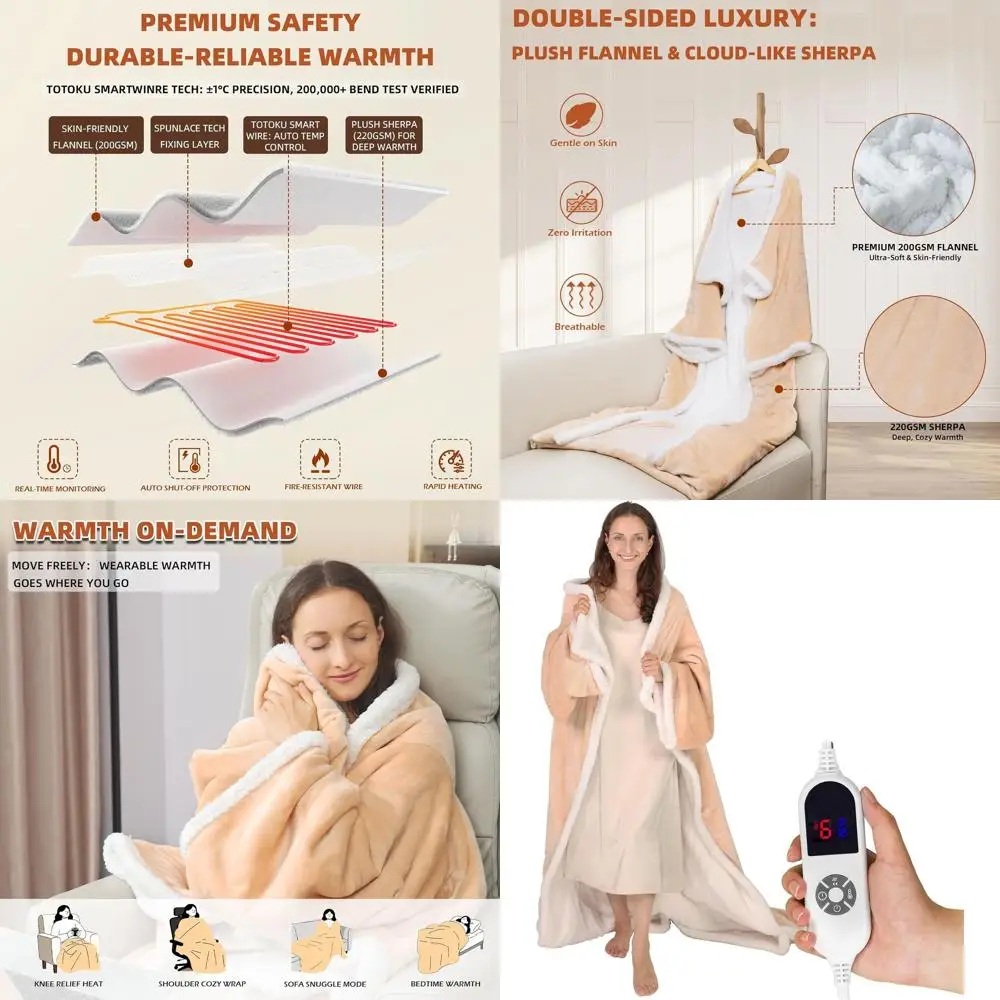 

Wearable Electric Blanket with Sleeves and Foot Pocket, 6 Heat Levels, 70x50, Flannel & Sherpa, Beige