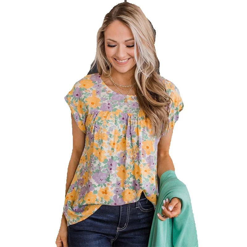 

New Summer Ethnic Floral Short Sleeve Top For Women's Casual Versatile Hollow Chiffon Women