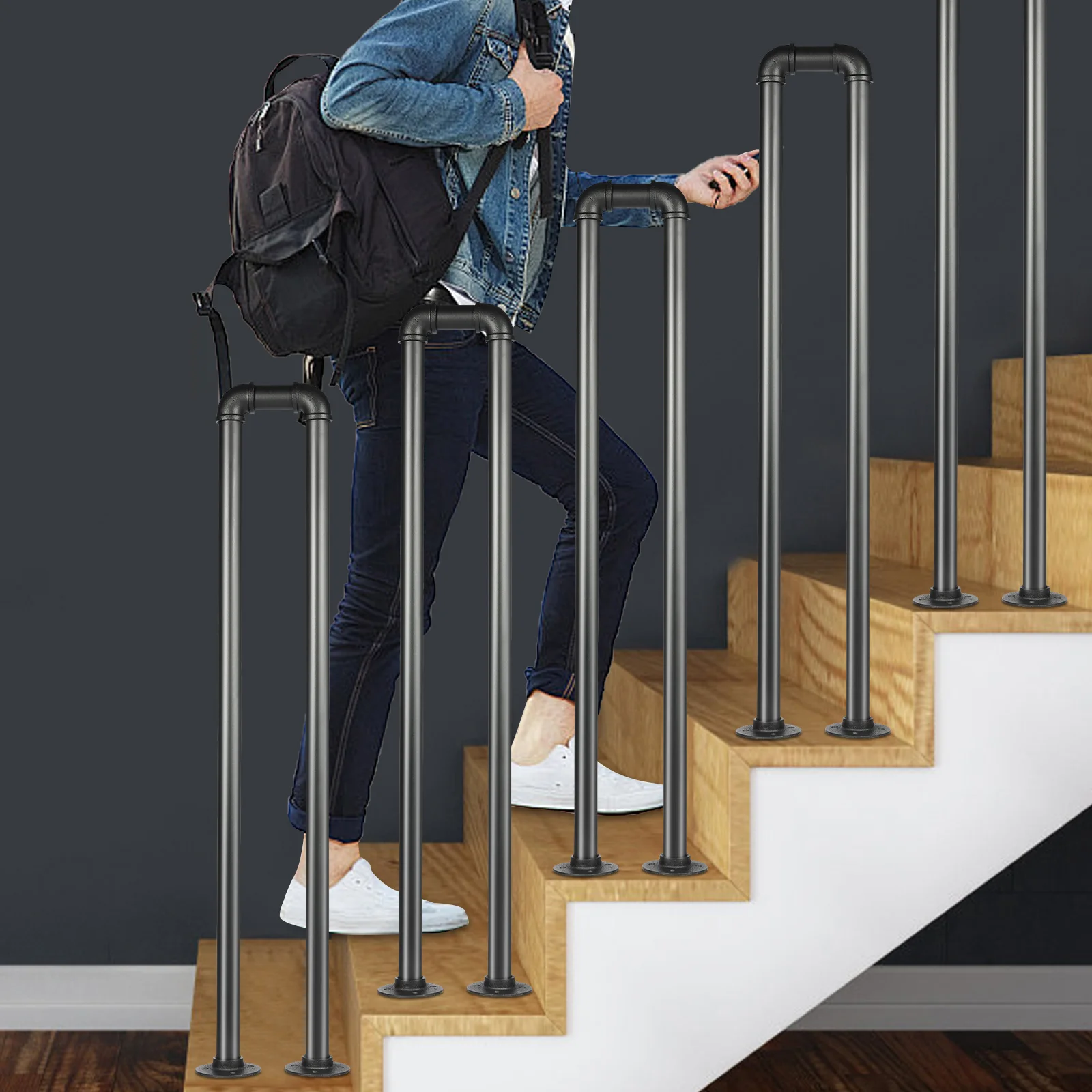 Matte Black U-Shaped Stair Handrail, Industrial Galvanized Steel Safety Railing - 110LBS Load Capacity