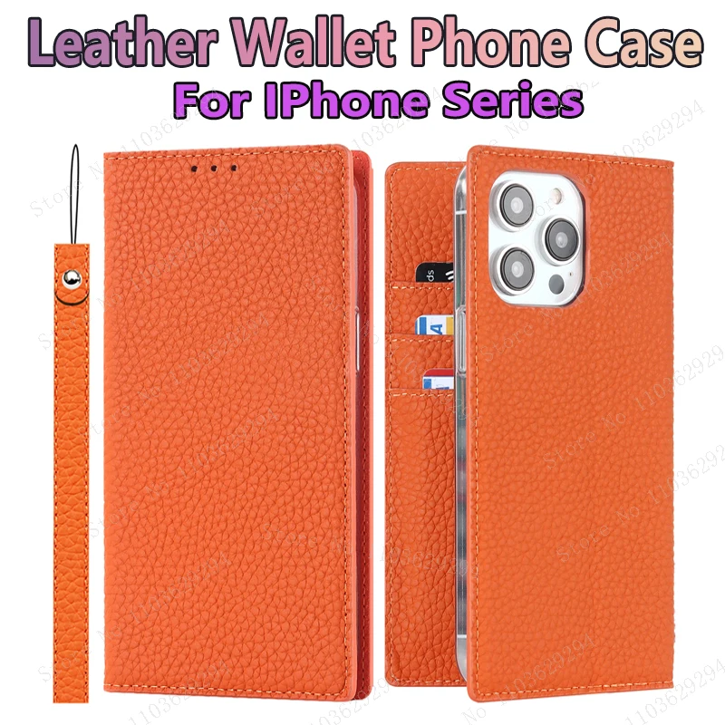 

Suitable for IPhone15 14 13 12 11pro Xsmax 6 7 8plus 15 Pro Max Litchi Texture Genuine Leather Flap Phone Case with Hanging Rope