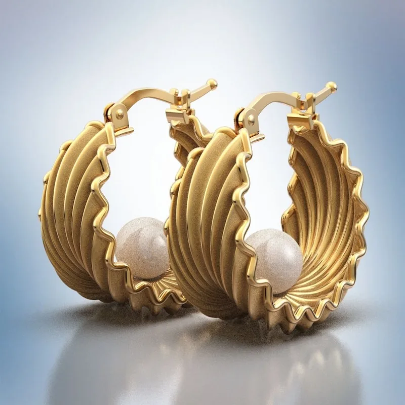 Elegant Vintage Handmade Imitation Pearl Shell Shaped Drop Earrings for Women Fashion Unique Banquet Anniversary Golden Jewelry