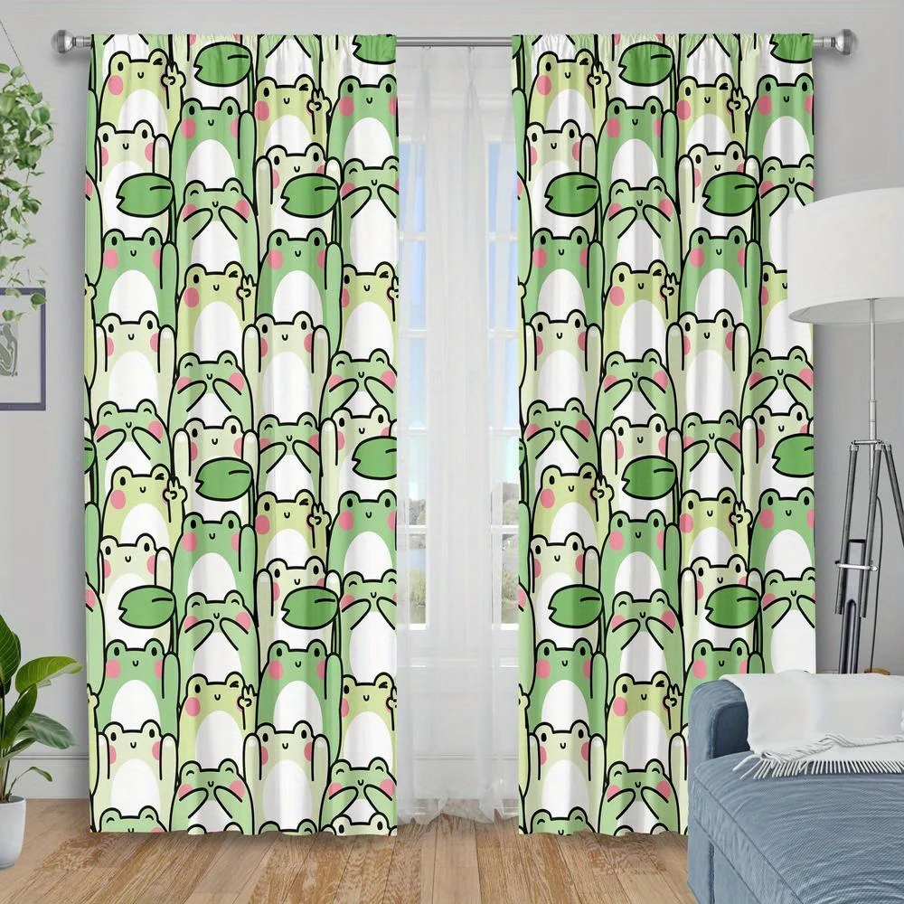 2pcs Cute Frog Pattern Curtains Cartoon Animal Print Blackout Drape Kids Room Nursery Bedroom Window Treatment