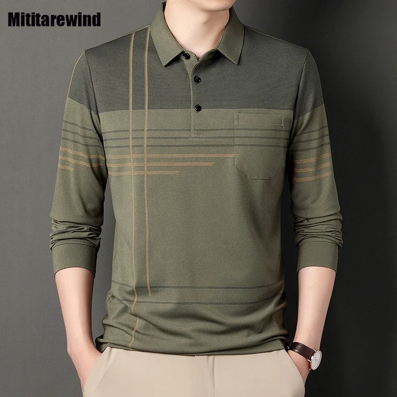 

New Long Sleeve TShirt Men Business Casual Lapel T-Shirts Striped Polo Shirts Fashion Dad Clothing Spring Autumn Mens Top M-4XL