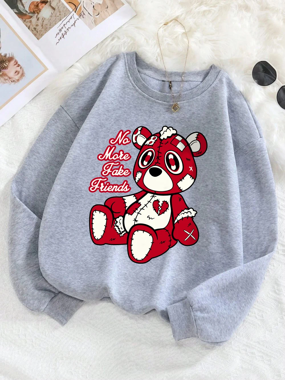 No More Fake Friends Sweatshirts Women Cartoons Bear Printed Hooded Fleece Warm Crewneck Loose Pullover Winter Female Clothes