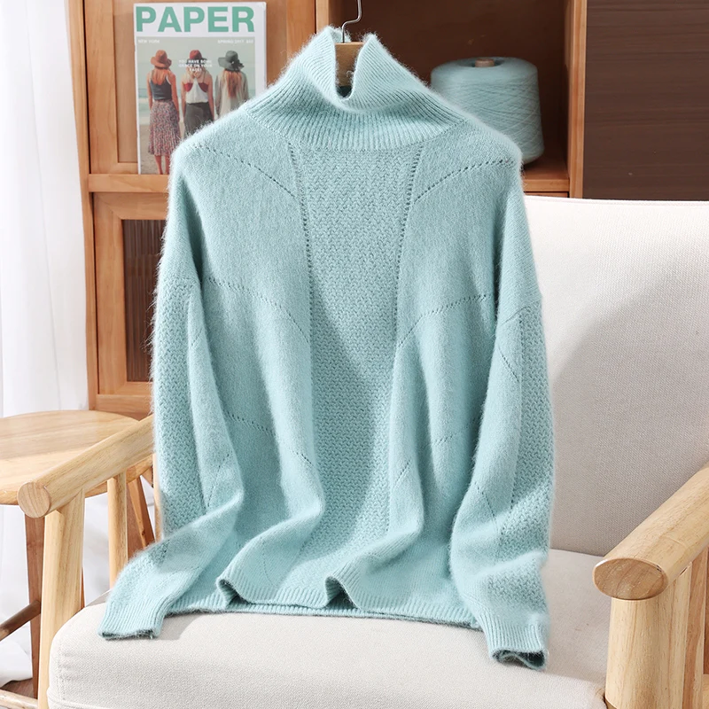 Chic 100% Mink Cashmere Fashion Turtleneck Sweater Women's Pullovers Basics Hollow Out Soft Warm Autumn Winter Long Sleeve Tops