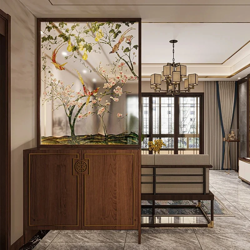 

Art glass screen partition living room Chinese flower and bird light luxury pure hand painting half wall