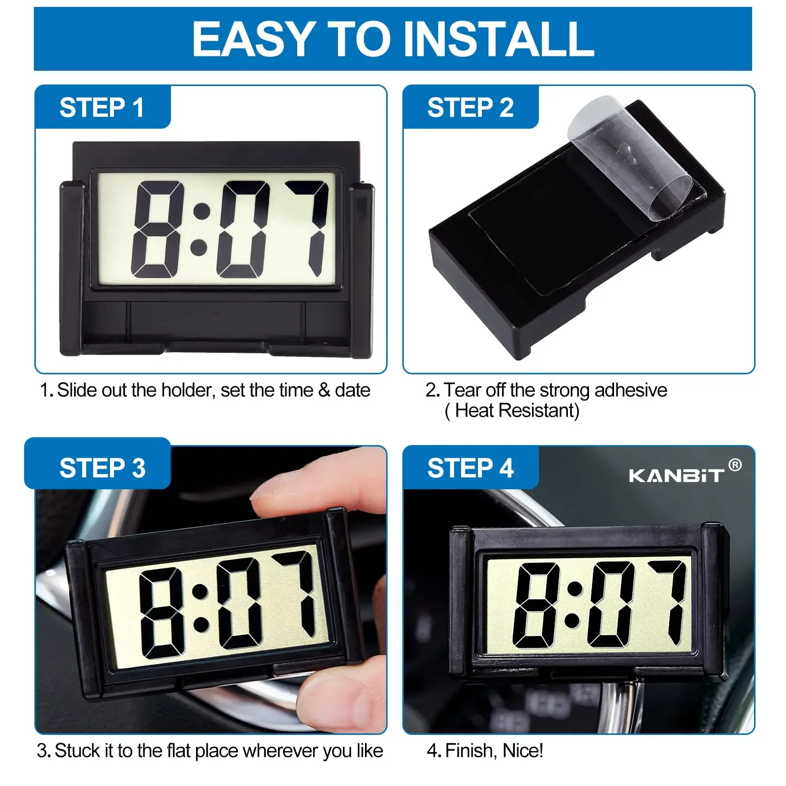 Mini Digital Clock Car Electronic Clock LCD Display Time Clock for Travel Car Accessories Self Adhesive Mini Clocks Universal