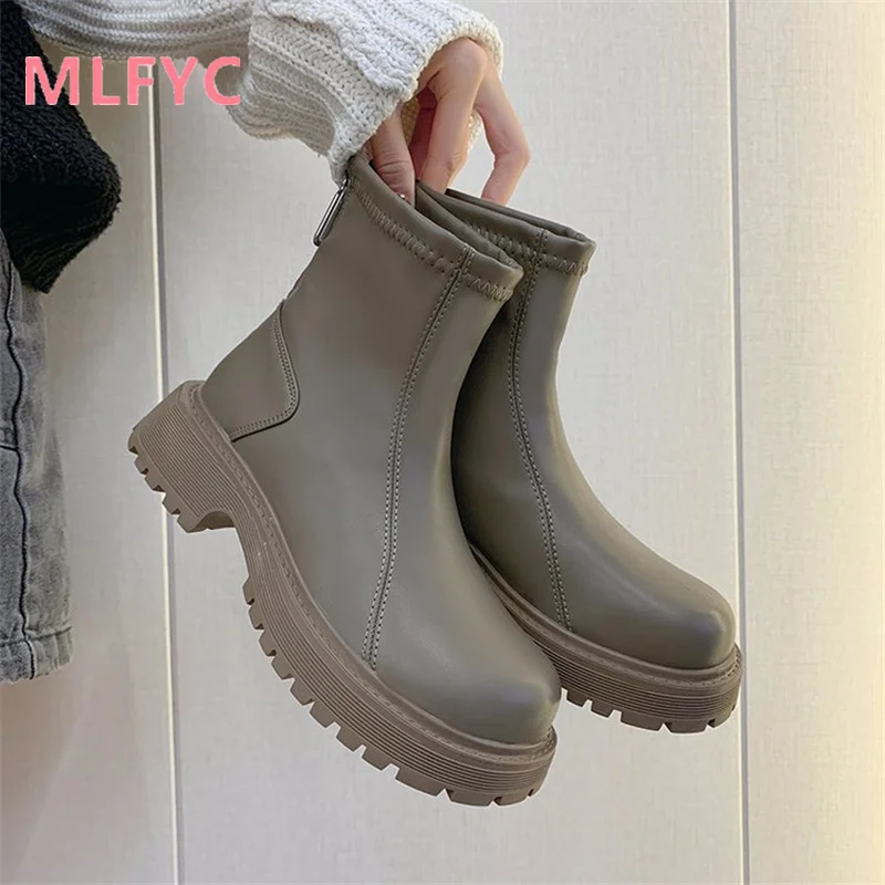 Women's Spring and Autumn Pinecake Thick Sole Short Boots Versatile Medium Sleeve Single Boots Casual PU mujer Boots