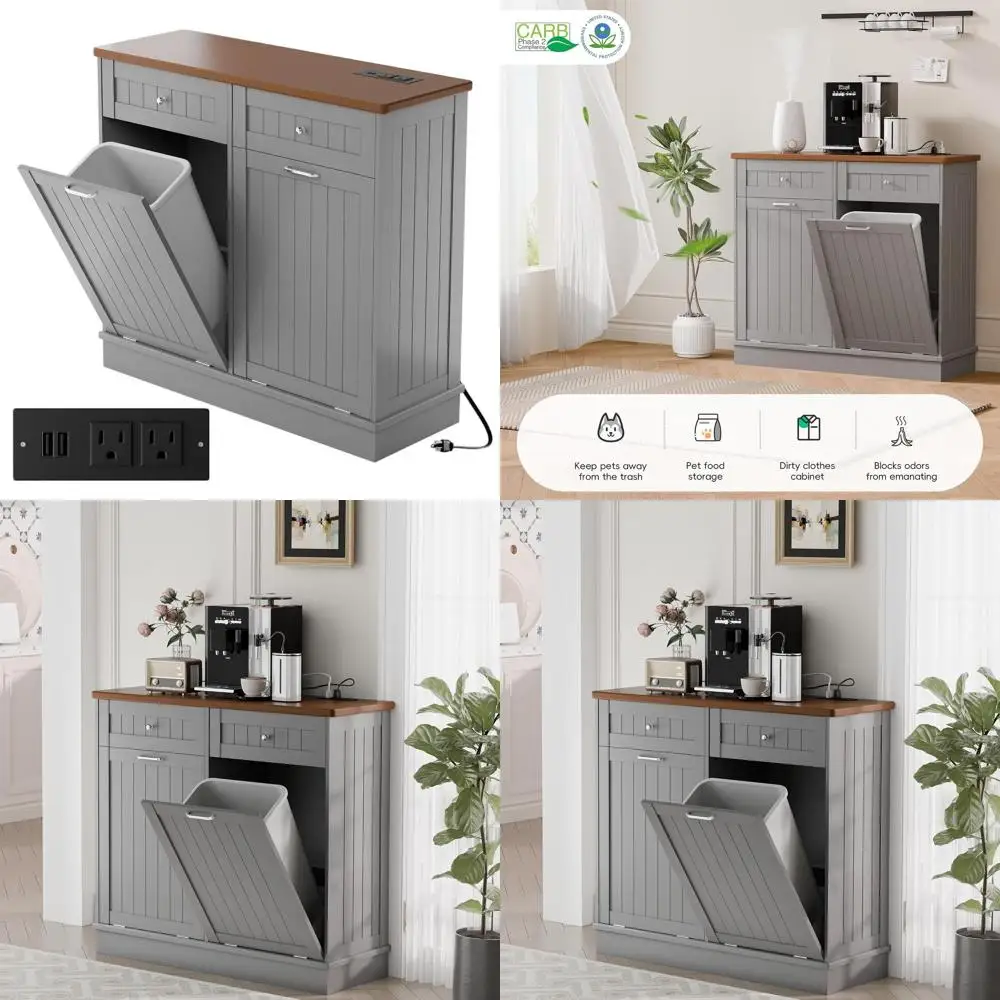 

10 Gallon Double-Door Trash Cabinet with Power Outlets and USB Ports for Kitchen or Living Room - Grey
