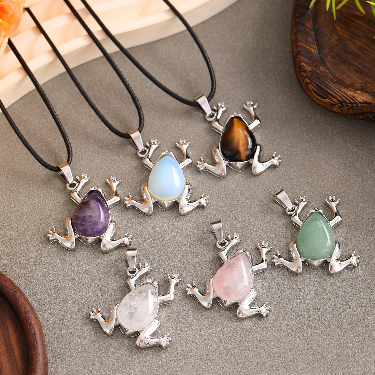 Frog Shape Natural Stone Pendants, Cute Gemstone Necklaces for Women