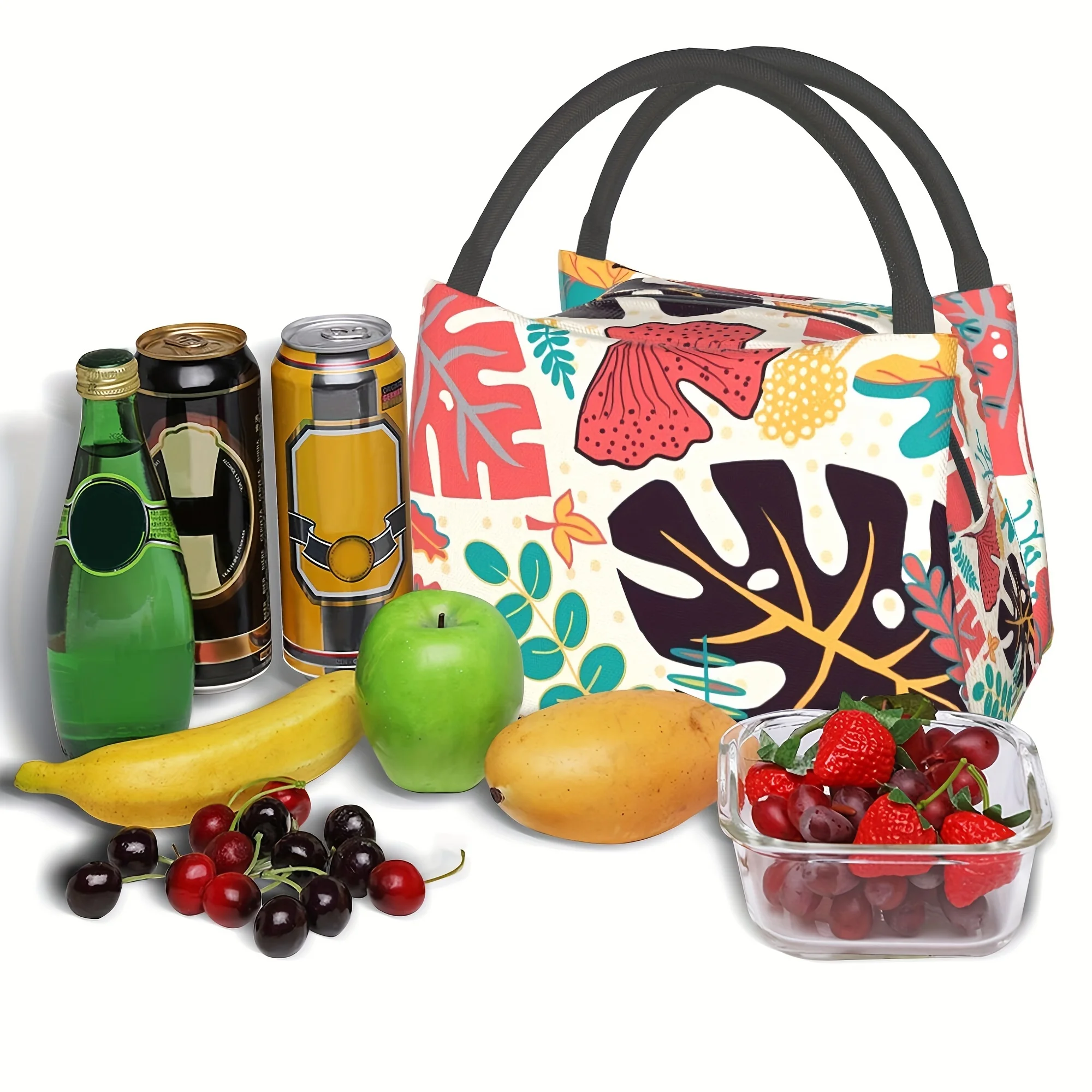 Tropical Palm Leaf Pattern Insulated Cooler Bag, Reusable Lunch Tote For School, Work, Picnic, Beach Essentials