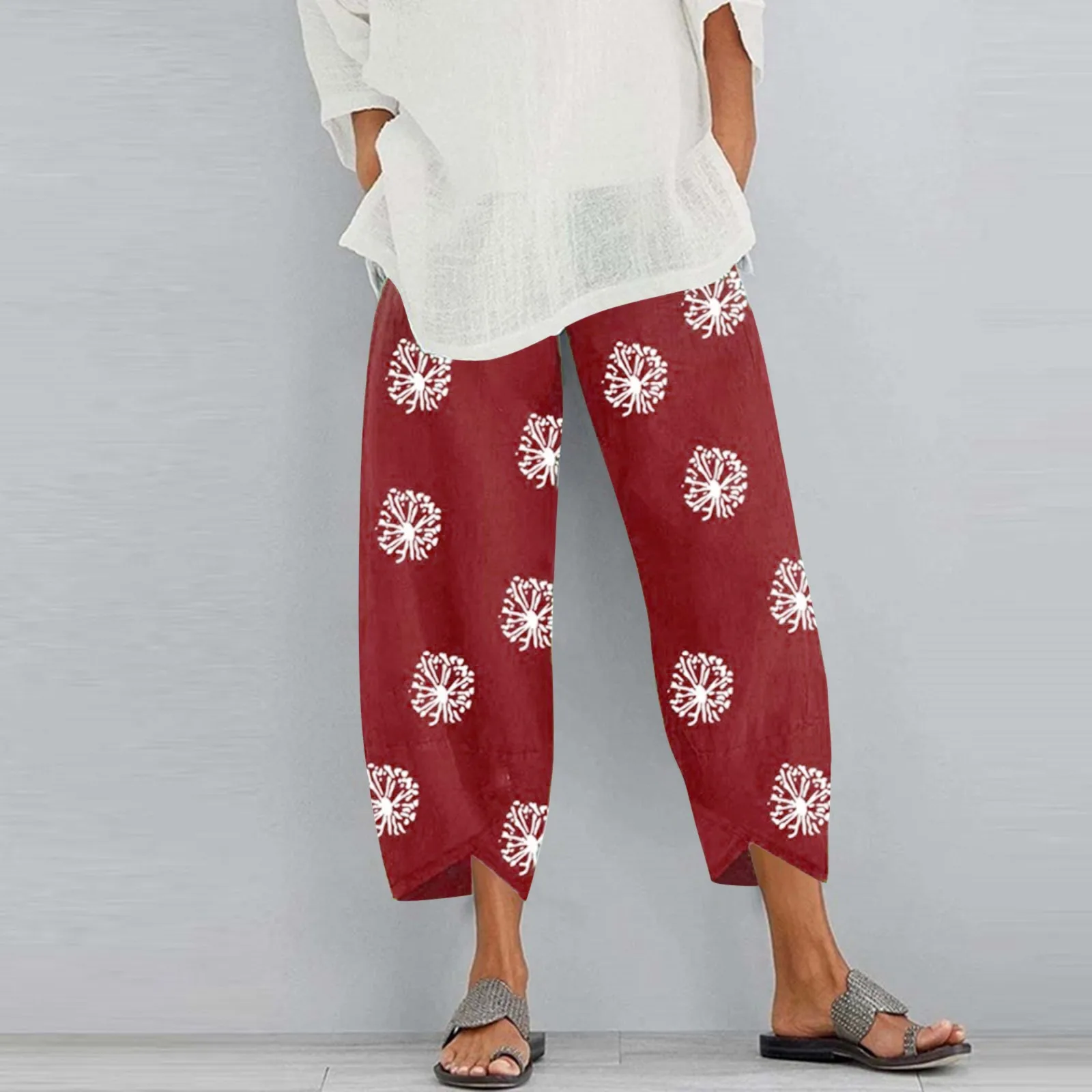 Pantalones de algodón con estampado de flores para mujer, pantalón informal de cáñamo, cintura elástica, pierna recta, cómodo, ligero, nueve puntos, Color sólido