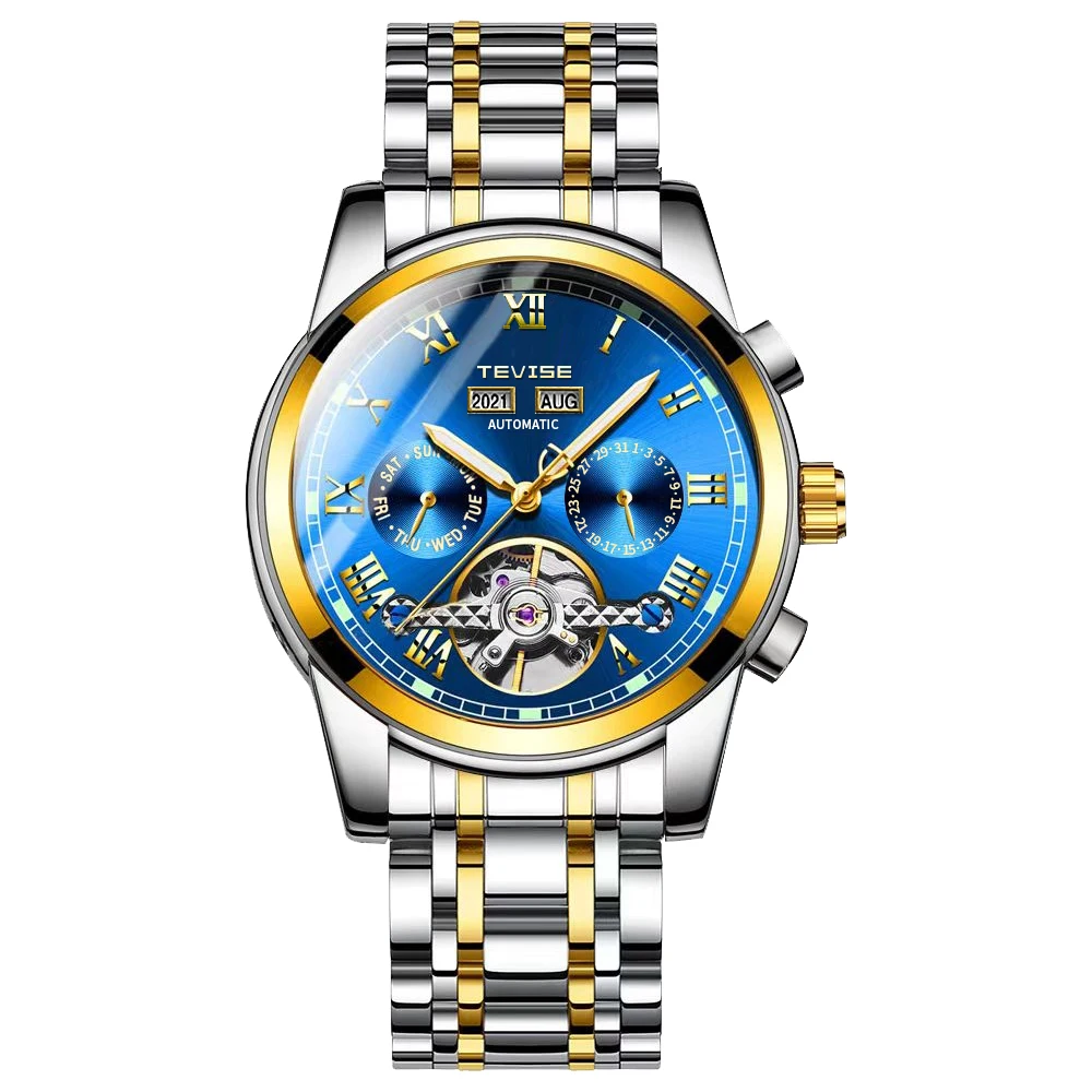 

TEVISE Men Watches Automatic Mechanical Watch Tourbillon Clock Date Week Moon Phase Stainless Steel Fashion Business Watch