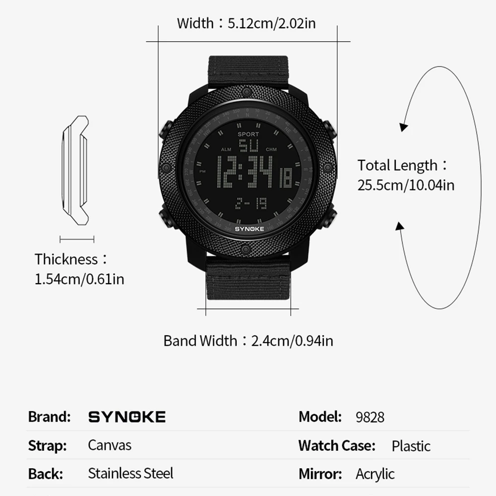 Nylon Strap Mens Watches Waterproof 5Bar SYNOKE Brand Digital Military Sport Watch for Men Large Black Dial Design Watch Men