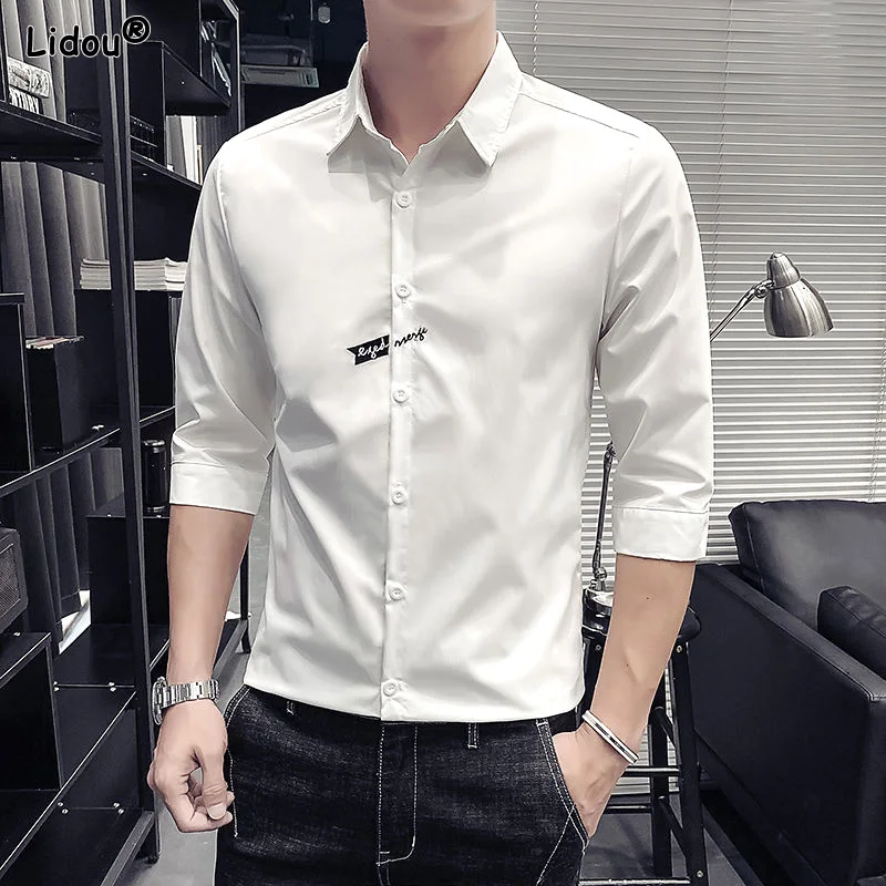 

White Simplicity Button Patchwork Shirts Turn-down Collar Business Casual Fashion Office Summer Thin Elbow Sleeve Men's Clothing