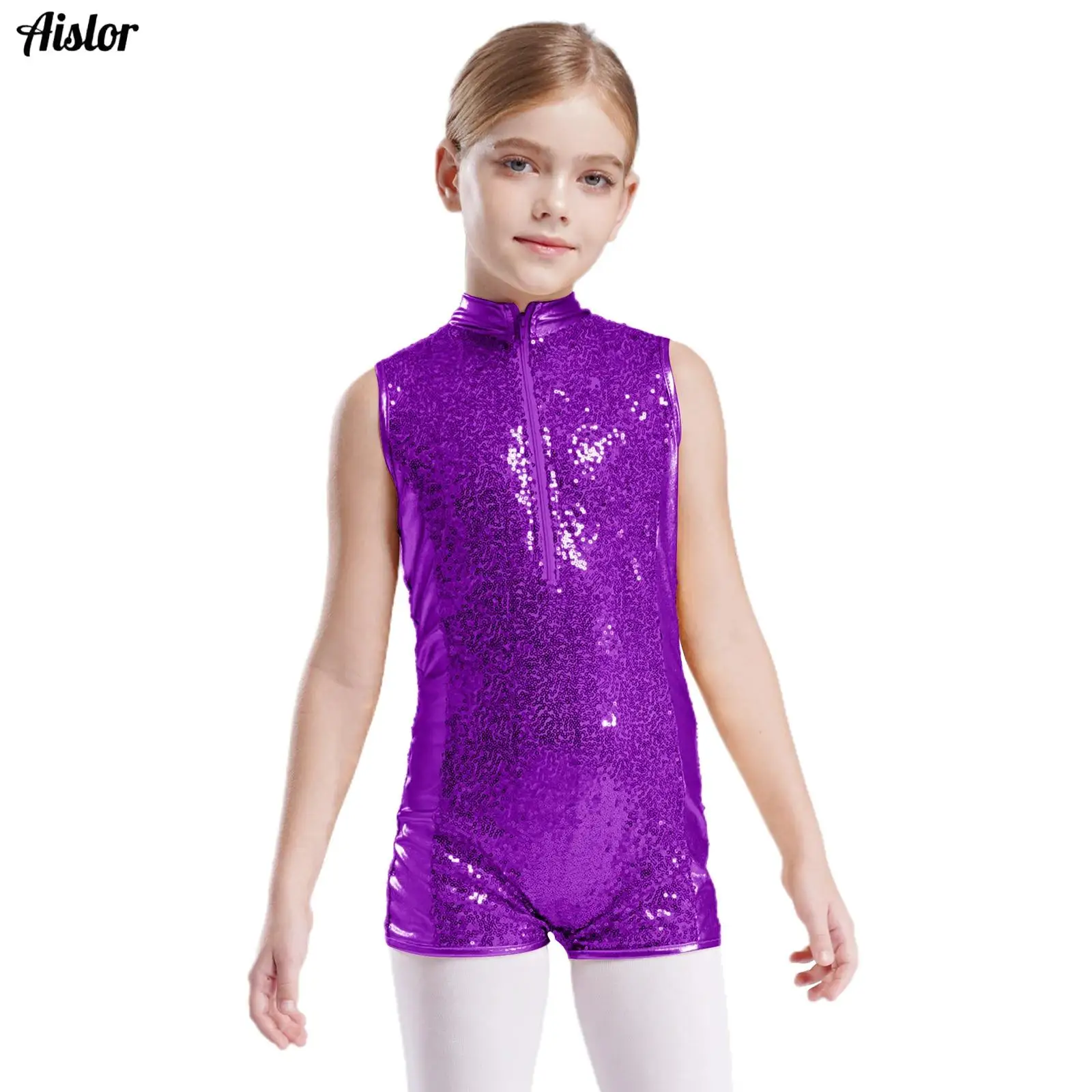 

Kids Girls Gymnastics Leotard Bodysuit Jazz Ballet Performance Dancewear Stand Collar Sleeveless Sparkly Sequins Dance Jumpsuit