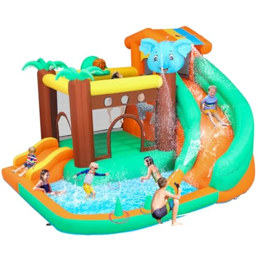 

Large Inflatable Bounce House with Pool, Slide, Climbing Wall, and Basketball Hoop Durable Jungle Adventure Theme for Family Ba