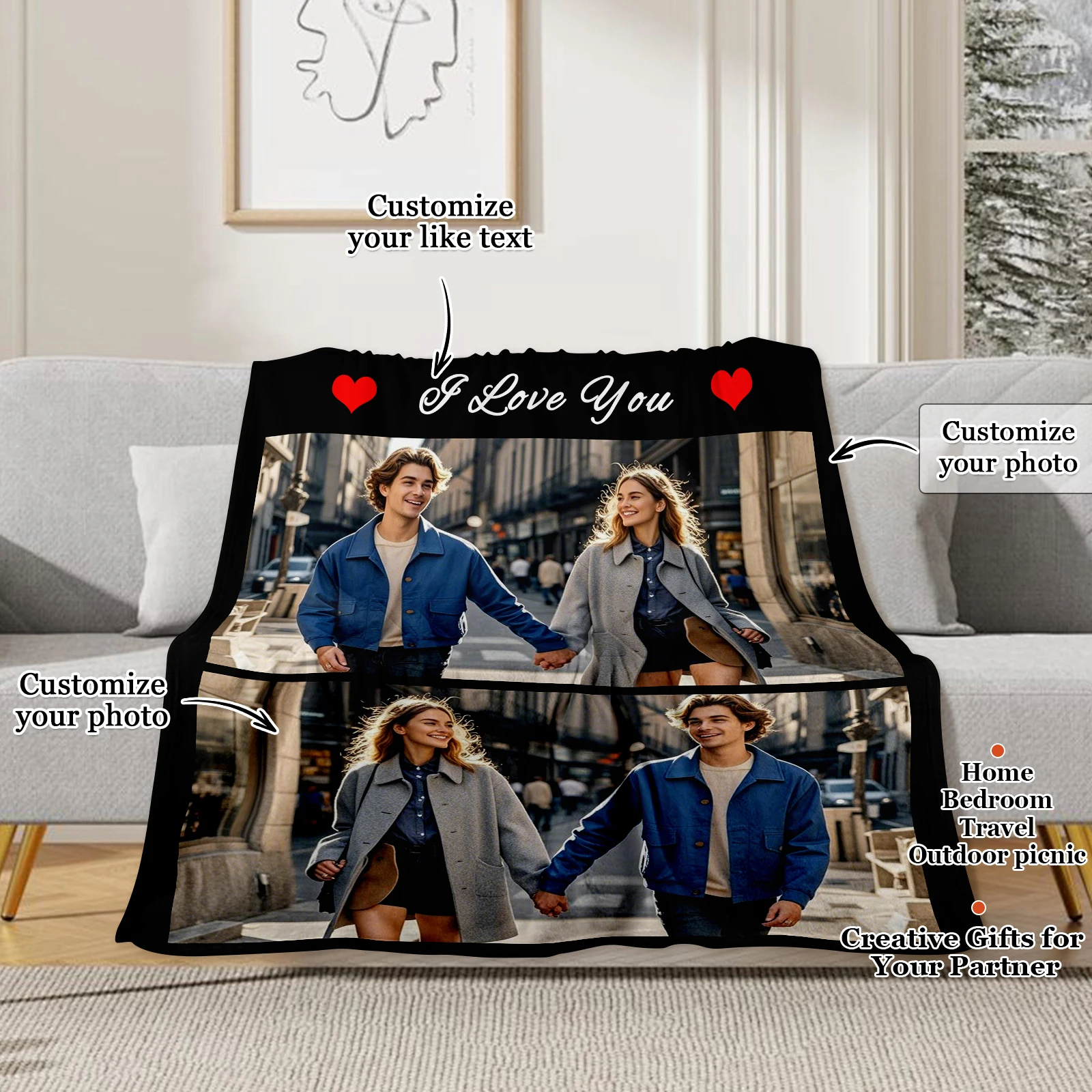 Love Mark Couple Photo Customized Blanket Sweet Stroll Corner Valentine's Day Gift Sofa Bedroom Office Travel Camping Available