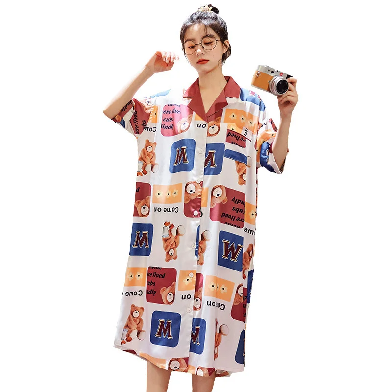 2022 new style pajamas women's summer short sleeved long skirt silk imitation silk cartoon girl student home clothes