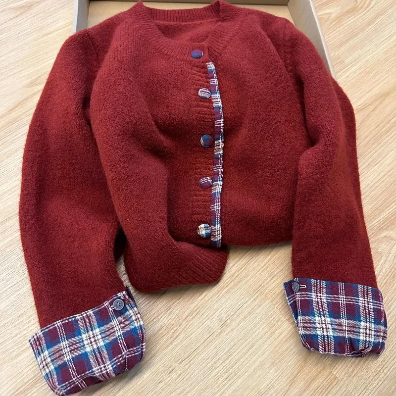 

Женская осенне-зимняя свободная повседневная вязаная куртка, мягкий модный свитер, два новых клетчатых свитера с круглым вырезом в корейском стиле