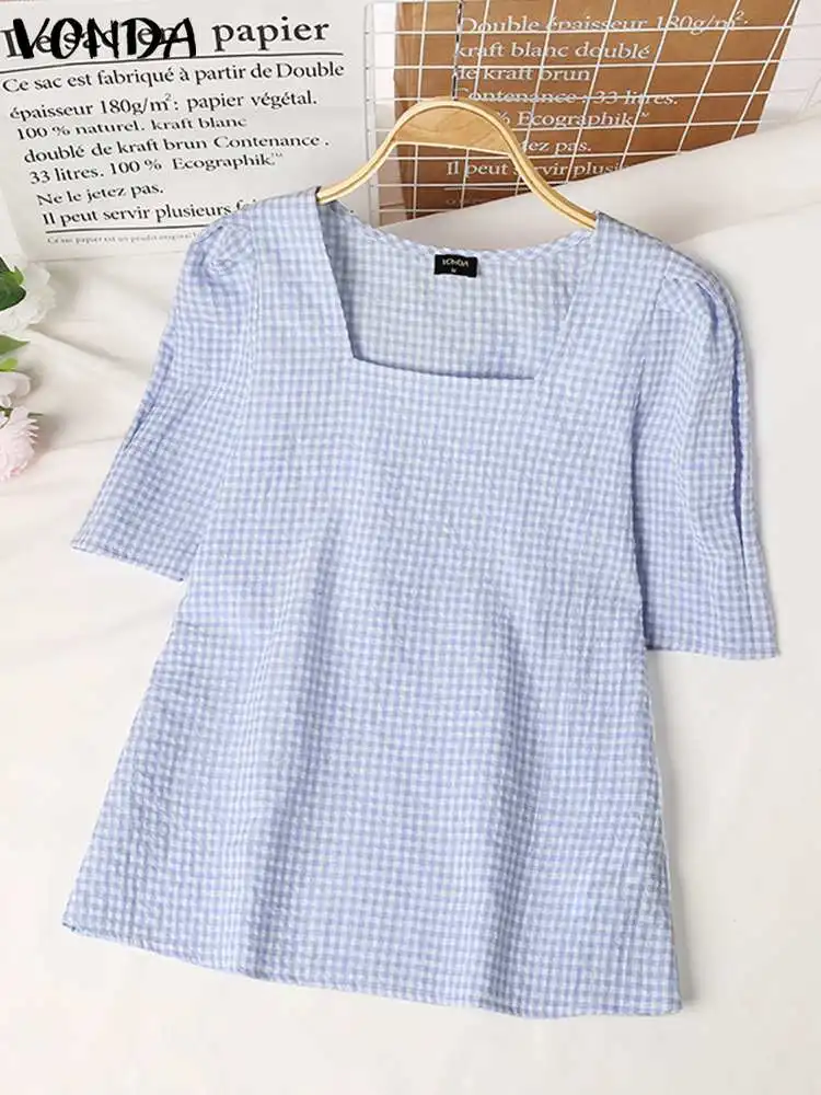 Women Plaid Blouse Summer Tops VONDA Fashion Casual Short Puff Sleeve Shirts 2024 Vintage Square Collar Loose Tunic Blusas Femme