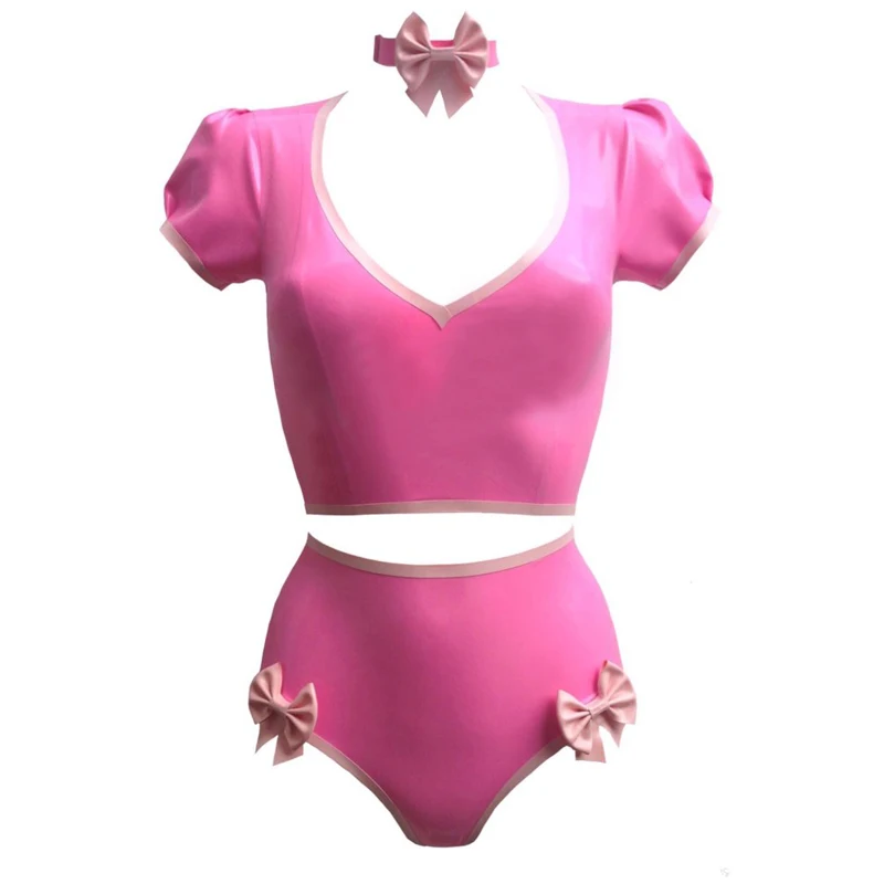 Latex Rubber Women Pink Top Shirt and Short with Neck Collar Handmade Costumes S-LSW032