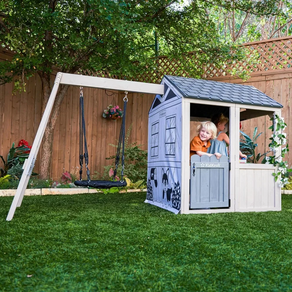 

Swing Wooden Outdoor Playhouse，House Can Accommodate Up To Five Kids, Ages 3 To 7.Web Swing and Play Kitchen Play House