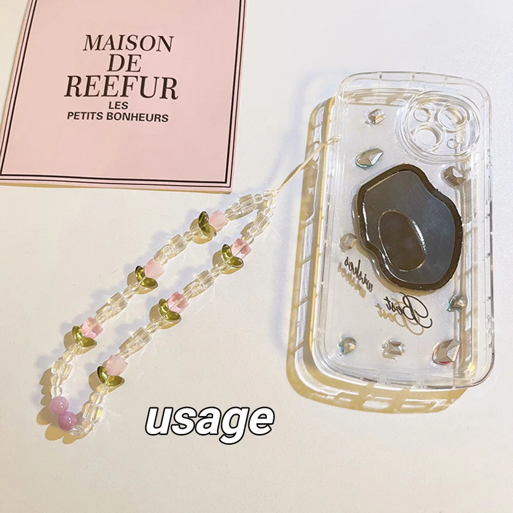 

Women's Pink Tulip Phone Strap Fresh And Sweet Beaded Chain Pendant Phone Charm Bag Decoration Fashionable Versatile Accessory