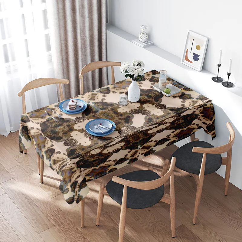 Unique Floral Tablecloth Elegant Leopard Print Dining Set with White Vase Decoration for Home Kitchen Party