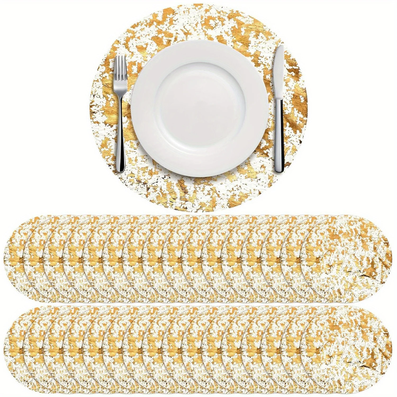 20pcs Golden Foil Round Placemats,Disposable Golden Foil Grid Table Mats,for Weddings,Birthday Parties,Banquets,Restaurant Decor