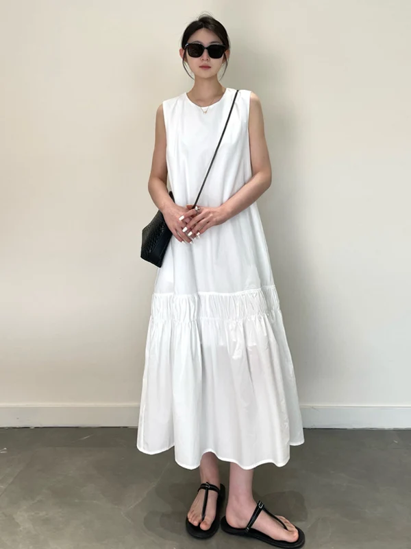 Coreano minimalista branco retalhos sem mangas colete em camadas saia linha a para as mulheres verão harajuku estilo preppy mori vestido de menina