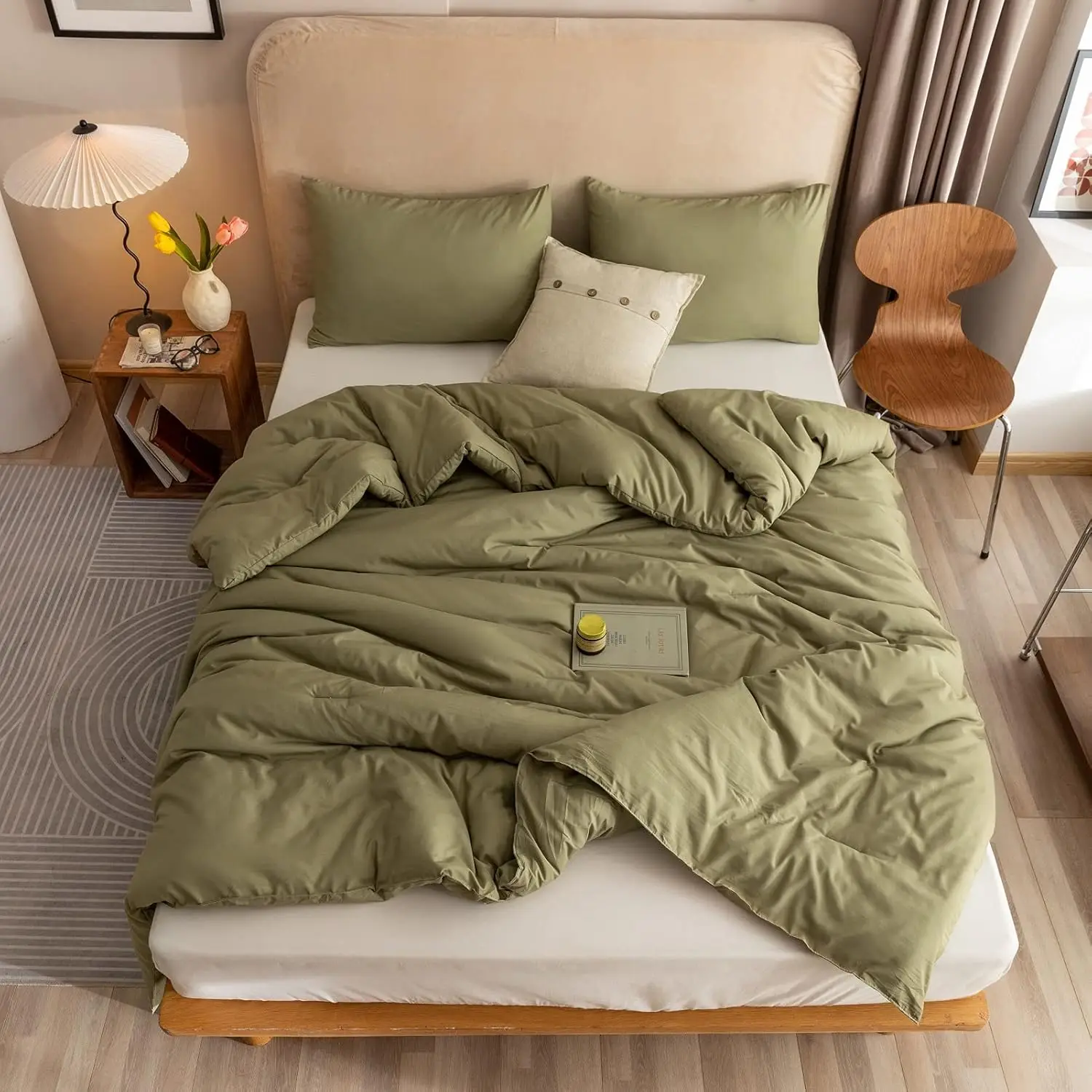 Olive Green Queen Comforter Set, 3-Piece Lightweight Bedding for All Seasons with Pillowcases