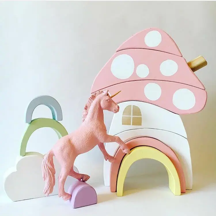 Cute Nordic Wooden Rainbow Mushroom Building Block Decoration Accessories for Kids Photography Props