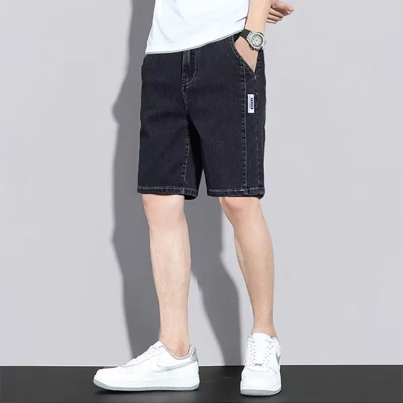 Summer Straight Hole Elastic Casual Denim Shorts Men Embroidery Print Patchwork Button Pocket Zipper Versatile Five-Point Pants