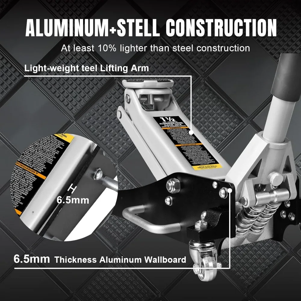 Hydraulic Racing Floor Jack with Low Profile Aluminum and Steel Construction, Dual Piston Pump, 1.5 Ton Capacity