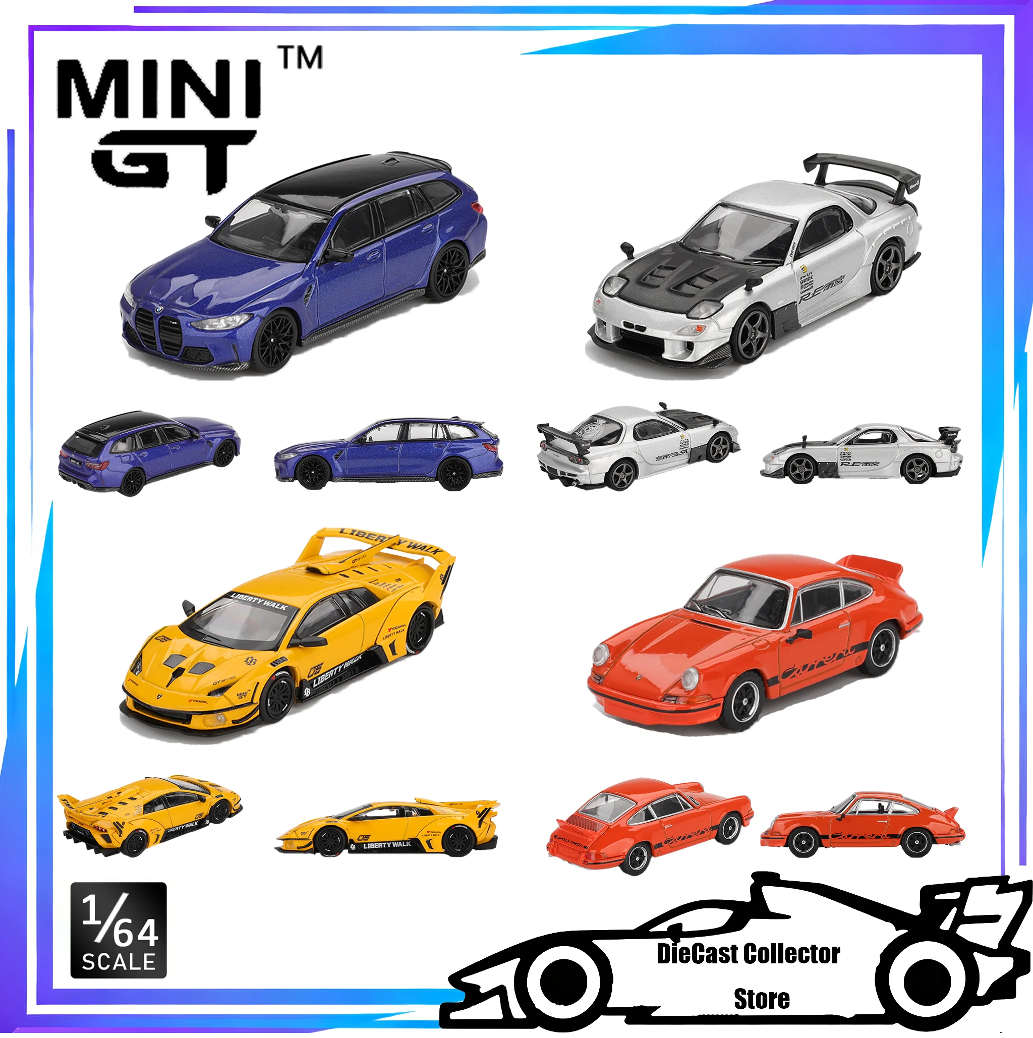 

MINI GT 1/64 BMW M3 Mazda RX-7 LB-Silhouette WORKS Porsche 911 Carrera RS 2.7 Tangerine with Black Livery Alloy Car Model Gifts