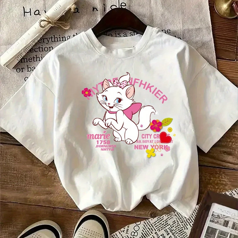 T-shirt stampata Disney Mary Cat Flower Cartoon manica corta girocollo casual adatta per l'estate e la primavera, top a maniche corte