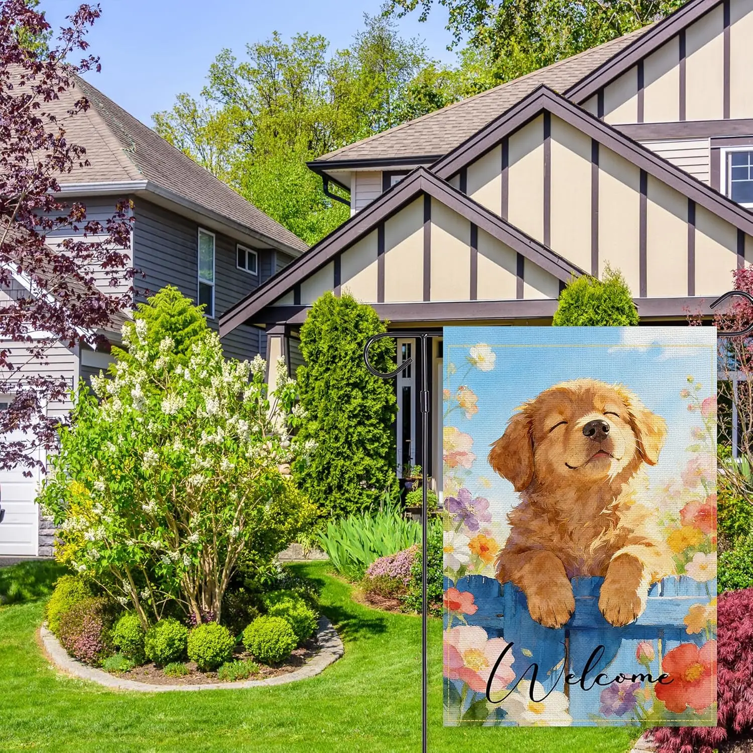 Balgardekor Hello Sunshine Summer Spring Cute Golden Retriever Dog Garden Flag Double Sided Seasonal Floral Yard Ourdoor Dec ZZM