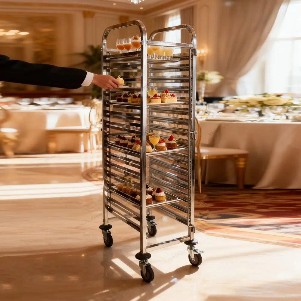3-Tier Stainless Steel Restaurant Serving Cart with Red Cloth - Heavy Duty Food Service Trolley for Hotel Banquet Catering