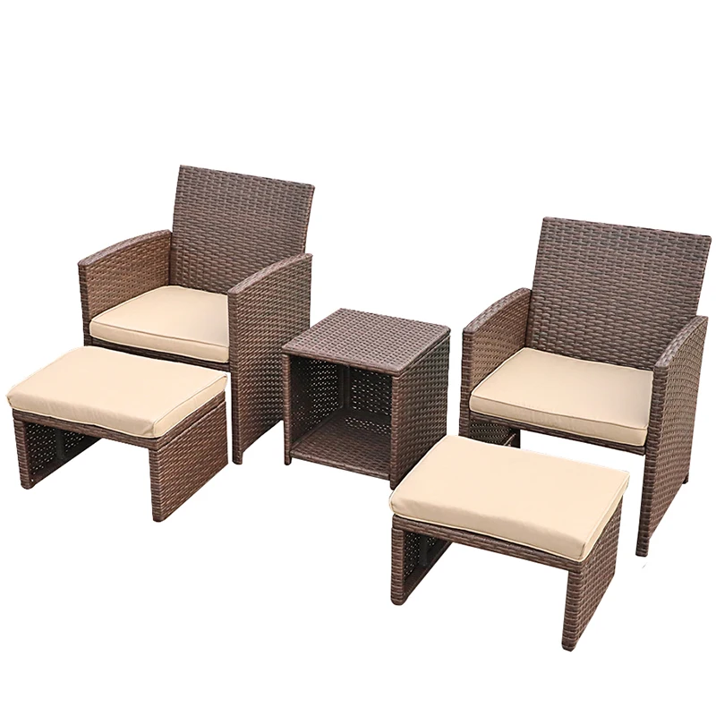 JARDINA 5PCS Outdoor Garden Rattan Patio Furniture Set with Beige Cushions, Brown Wicker Chair with Ottoman, Storage Table