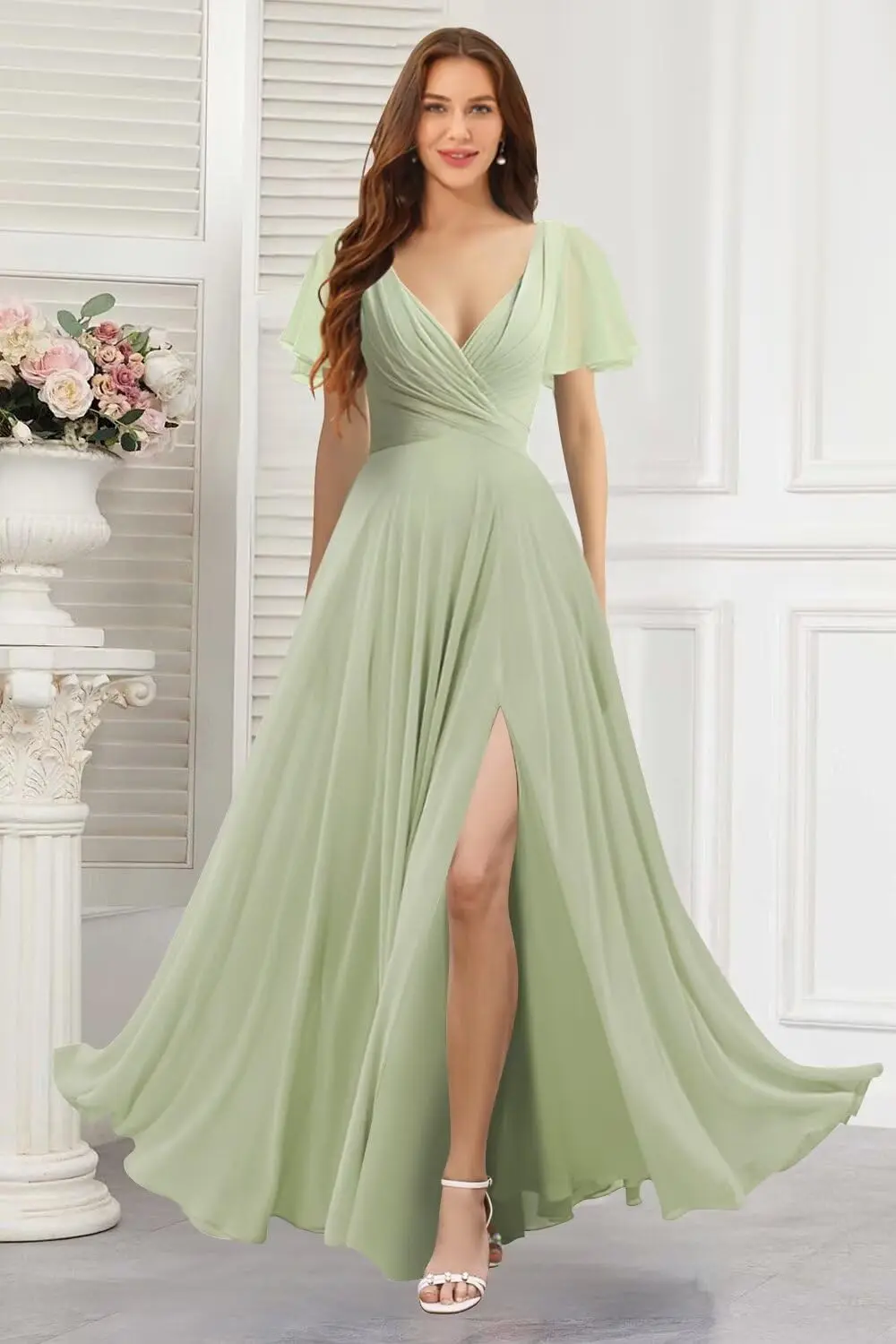 Women's V Neck Short Sleeve Chiffon Bridesmaid Dress A-Line Long Formal Elegant Dress with Slit for Wedding Party 2025